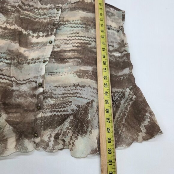 Maurices Brown Beige Zigzag Print Sheer Ruffle Hem Racerback Tank Top M Boho - Picture 14 of 14